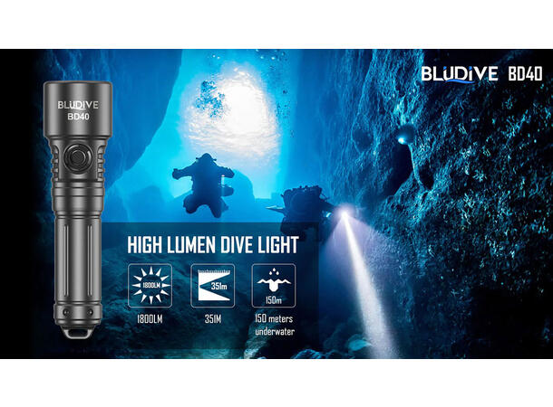 BluDive BD40 lommelykt, Vanntett 1800lm / 351 meter kastelengde 