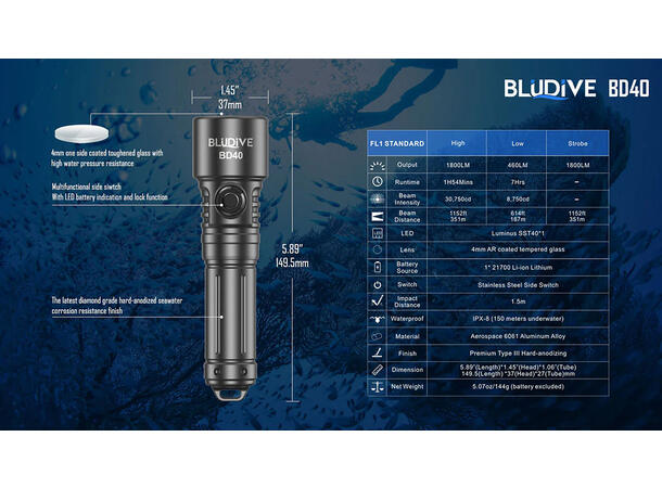 BluDive BD40 lommelykt, Vanntett 1800lm / 351 meter kastelengde