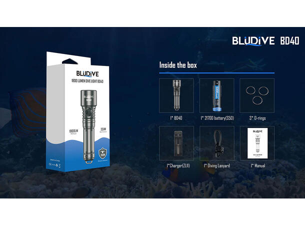 BluDive BD40 lommelykt, Vanntett 1800lm / 351 meter kastelengde 