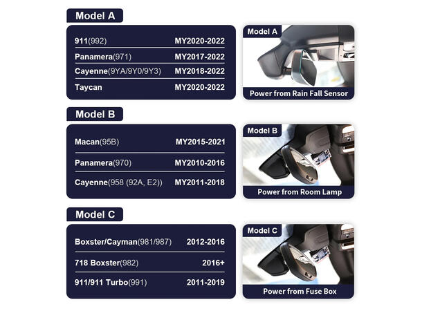 FITCAMX Integrert 4K Dashcam (foran) Porsche (2005 -->) Model C 