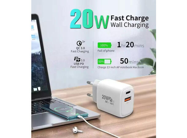 ConnectED Phone hjemmelader 20W, både USB og Type-C utgang 