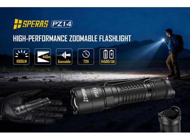 Speras PZ14 lommelykt med zoom 1000lm / 440 meter kastelengde 