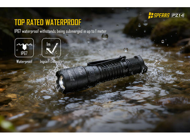 Speras PZ14 lommelykt med zoom 1000lm / 440 meter kastelengde 