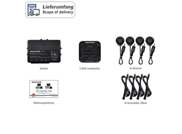 Ampire parkeringshjelp 4-veis Matt svart, sensormontering forfra 